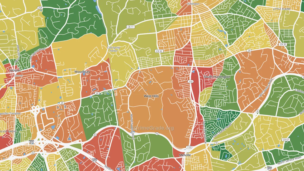 West Hills, Huntington, NY Map of Theft Rates