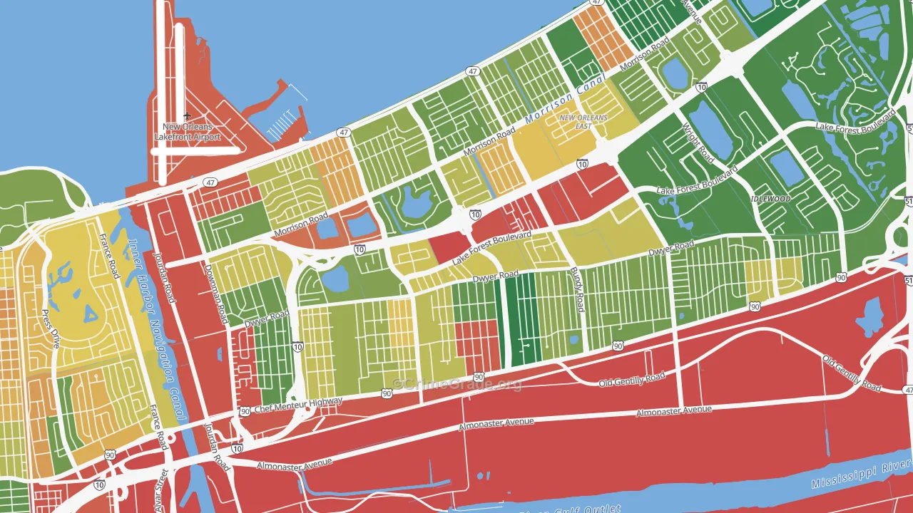 West Lake Forest, New Orleans, LA Map of Theft Rates