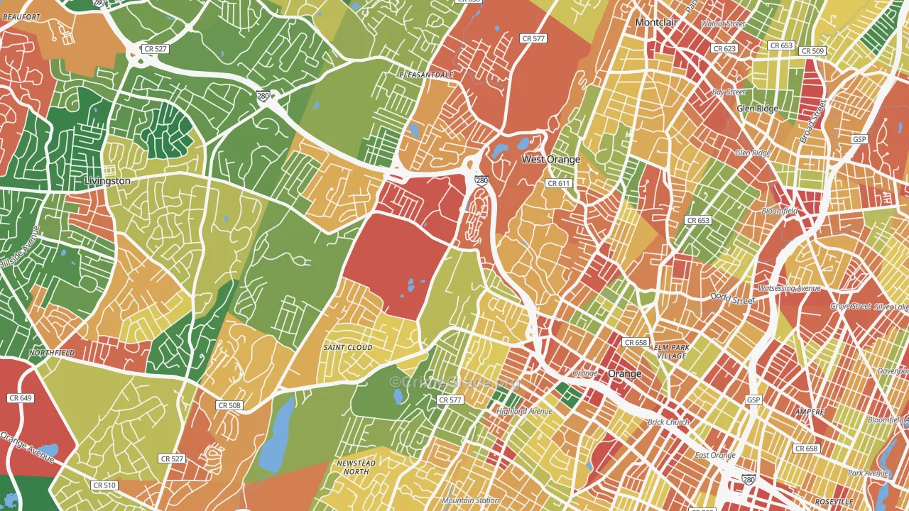 West Orange, NJ Map of Theft Rates
