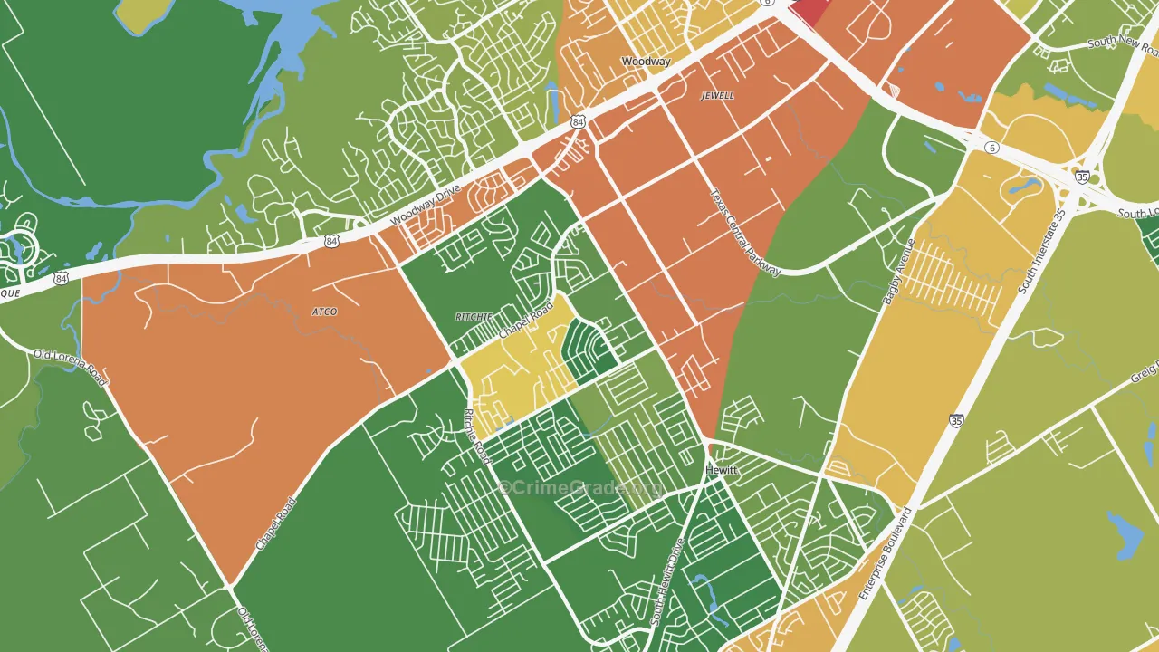 West Waco, Woodway, TX Map of Theft Rates