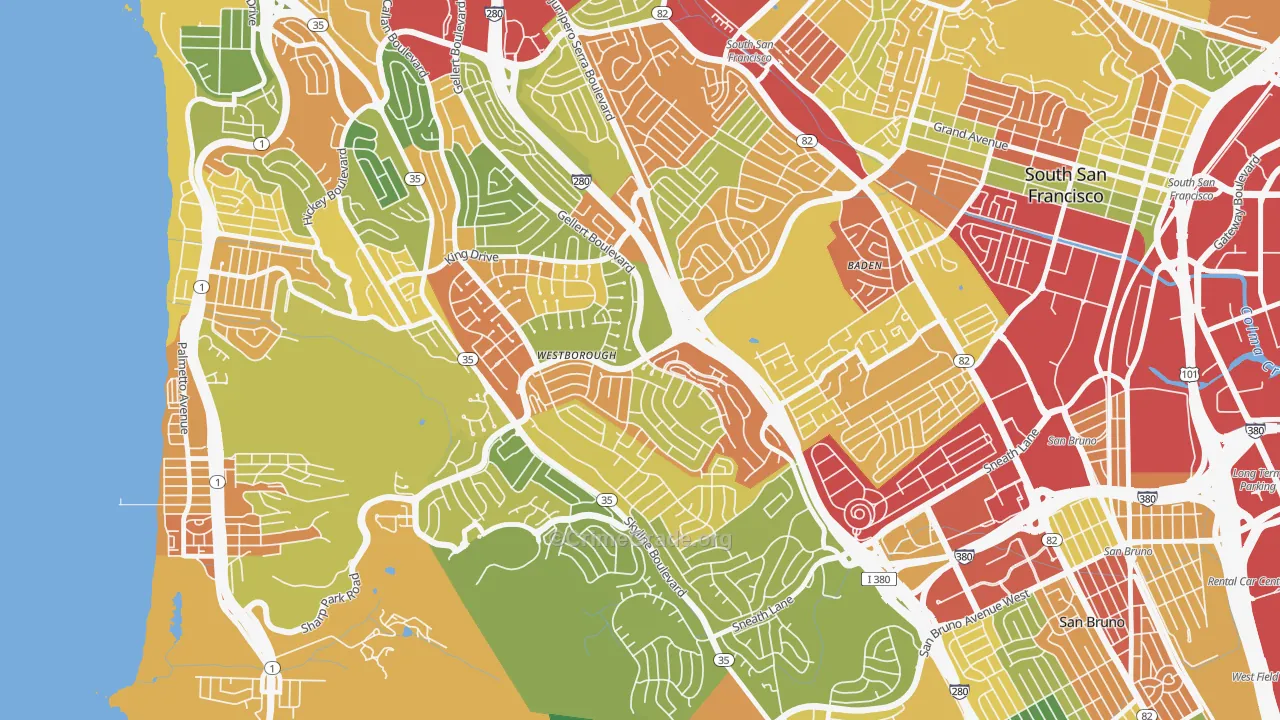Westborough, South San Francisco, CA Map of Theft Rates