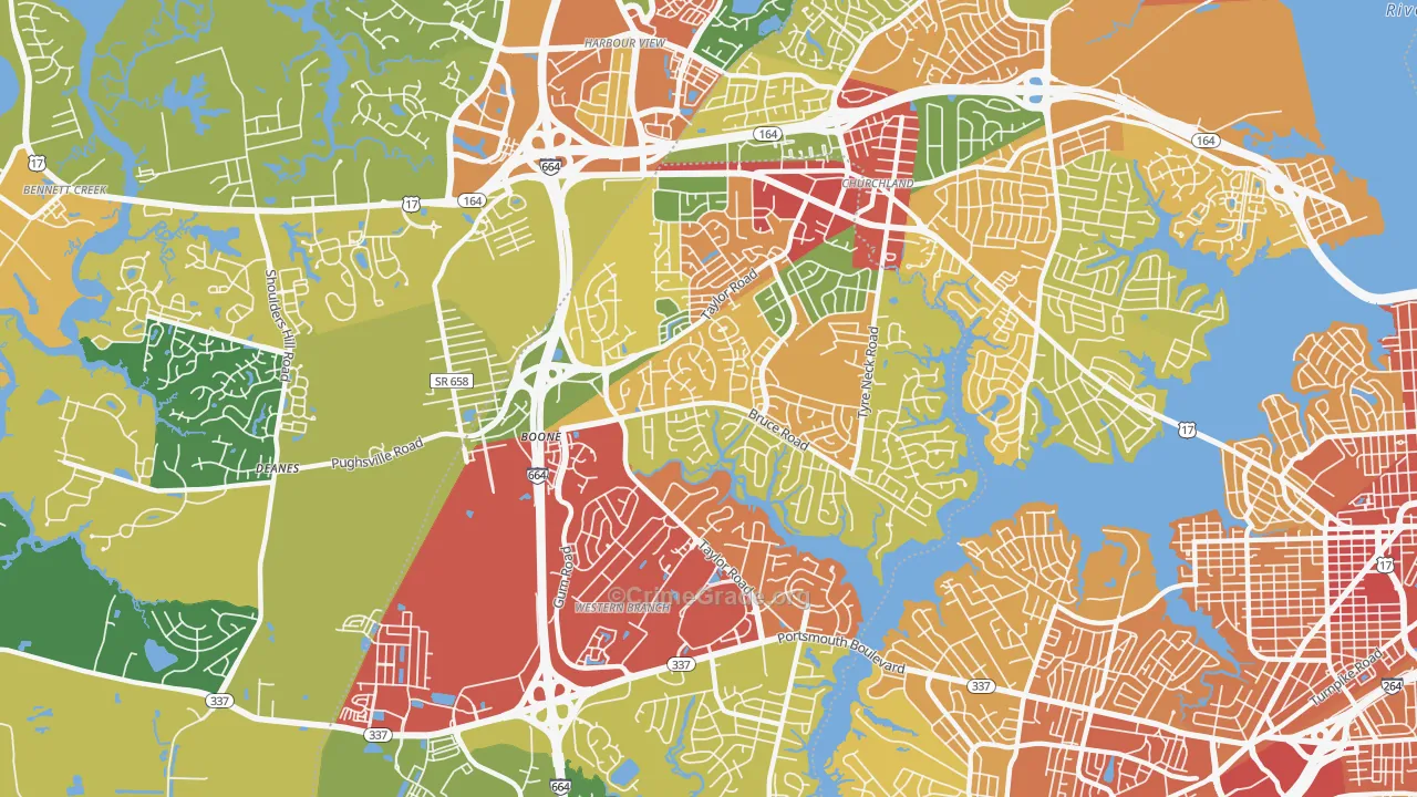 Western Branch North, Chesapeake, VA Map of Theft Rates