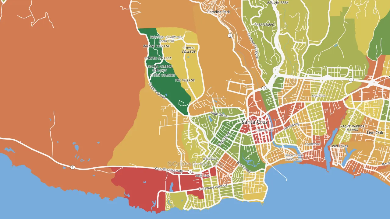 Westside, Santa Cruz, CA Map of Theft Rates