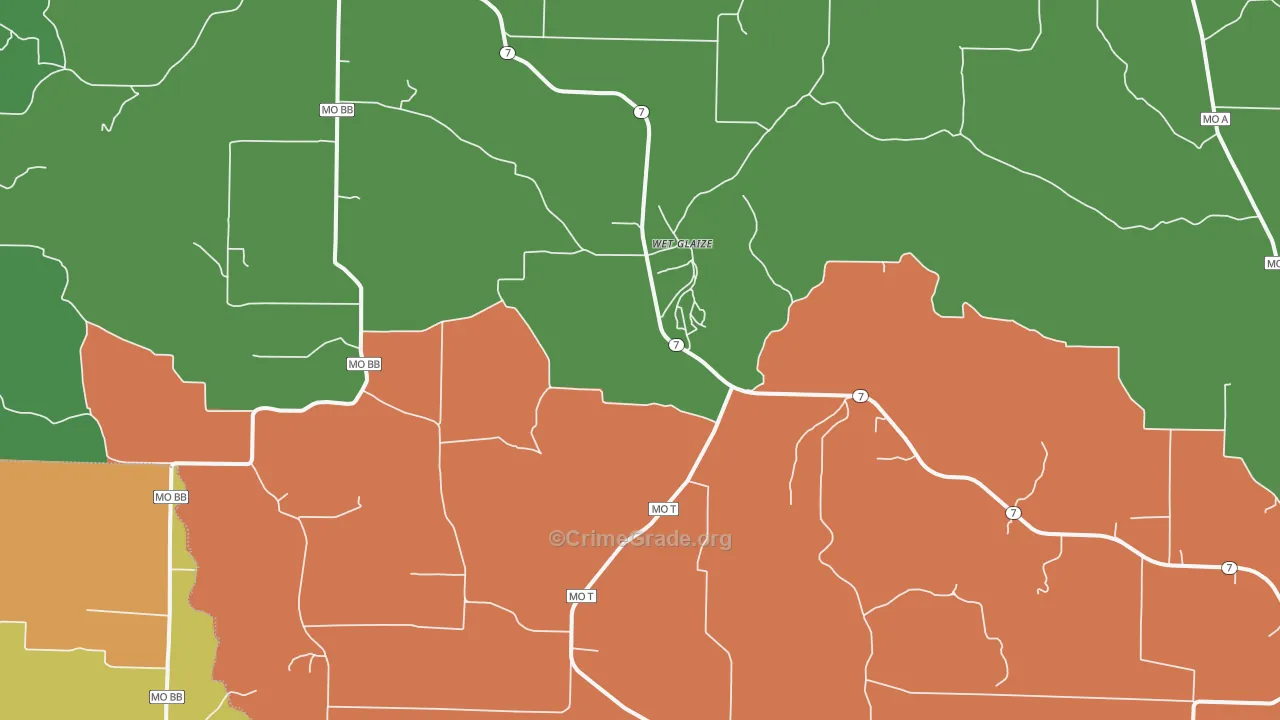 Wet Glaize, MO Map of Theft Rates