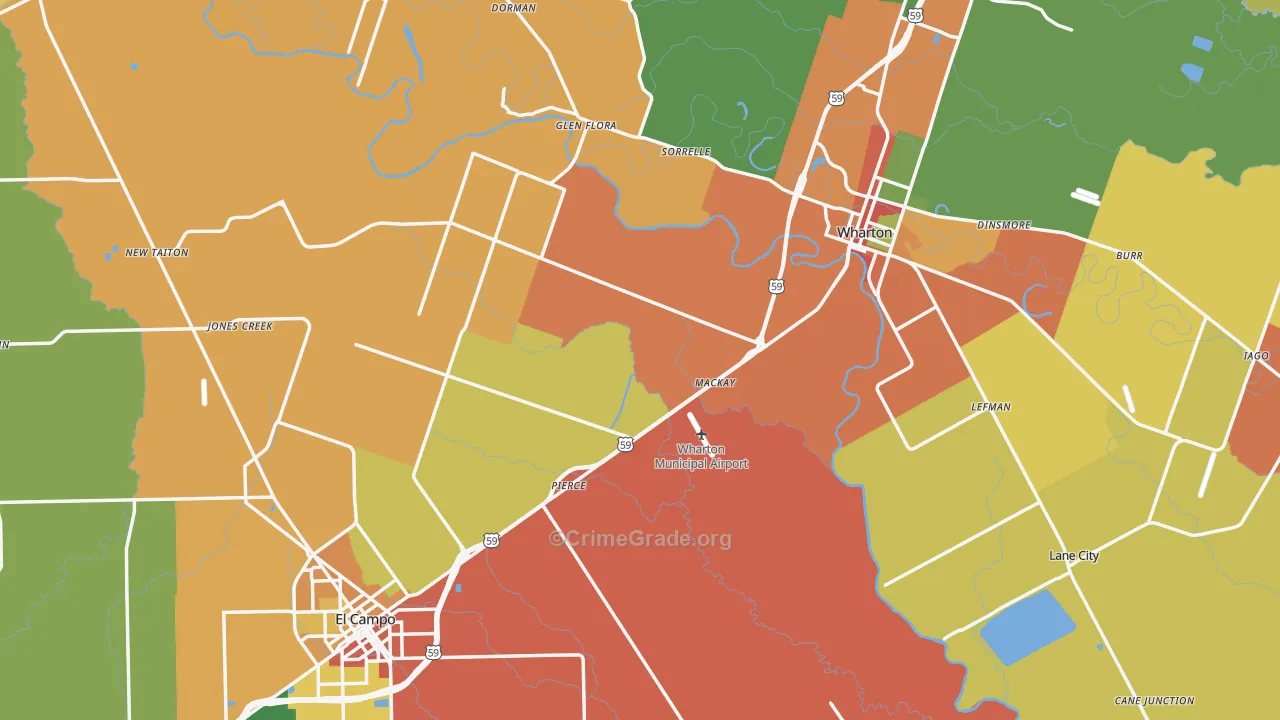 Wharton County, TX Map of Theft Rates