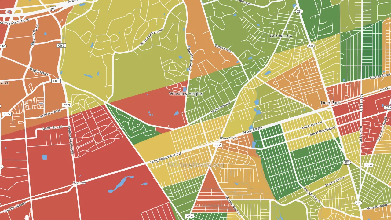 Wheatley Heights, Wyandanch, NY Map of Theft Rates