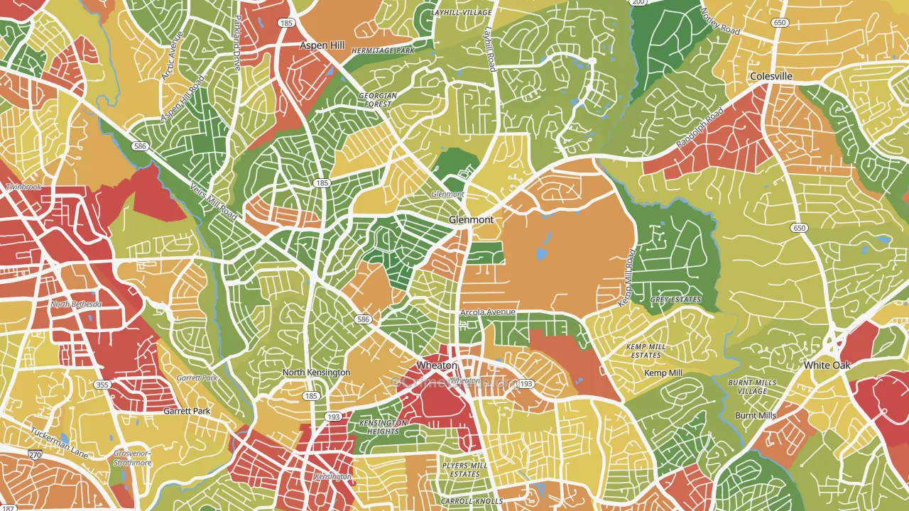 Wheaton-Glenmont, Wheaton, MD Map of Theft Rates
