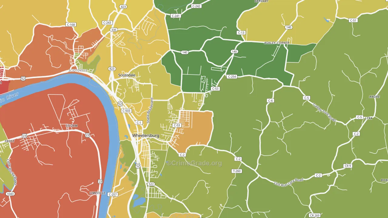 Wheelersburg, OH Map of Theft Rates
