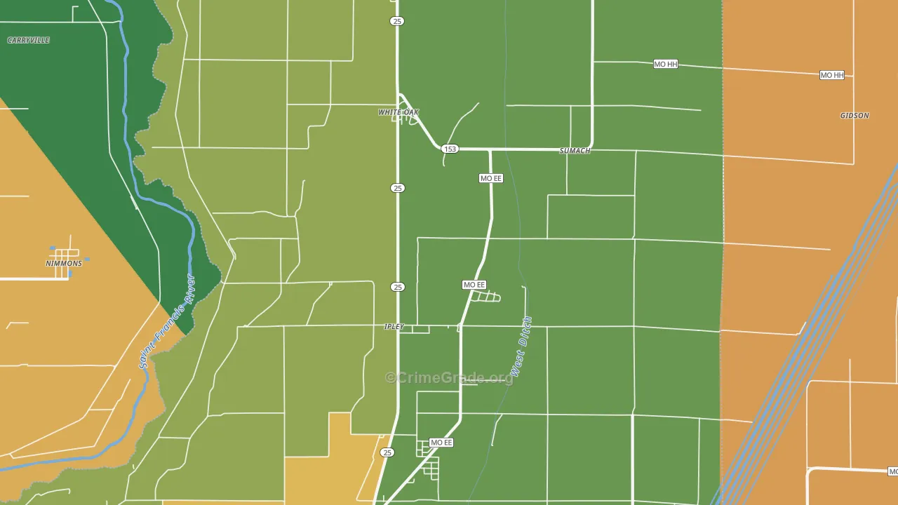 Whiteoak, MO Map of Theft Rates