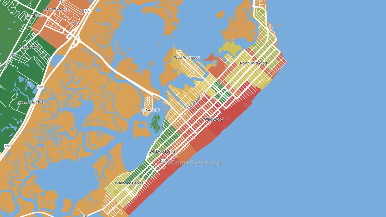 Wildwood, NJ Map of Theft Rates