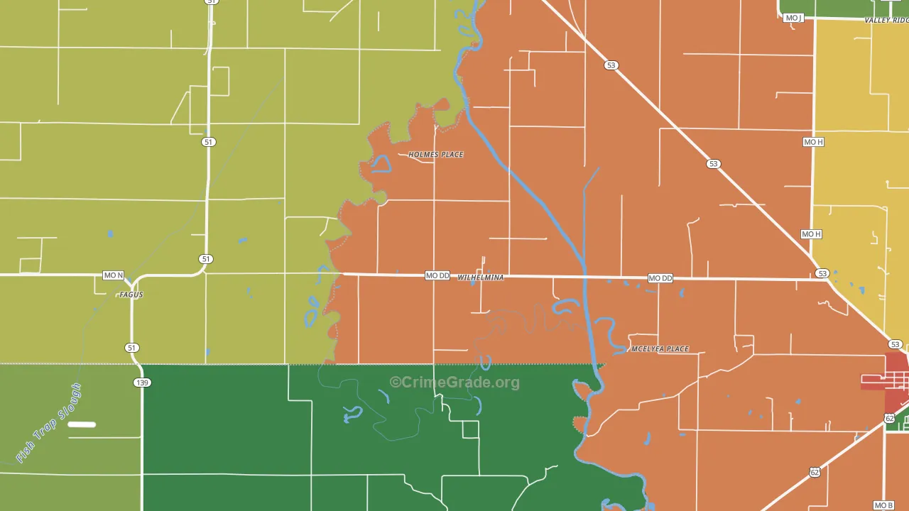 Wilhelmina, MO Map of Theft Rates