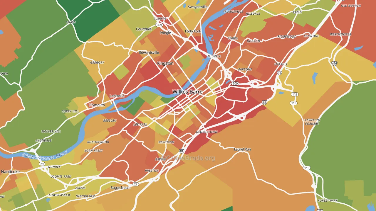 Wilkes-Barre, PA Map of Theft Rates