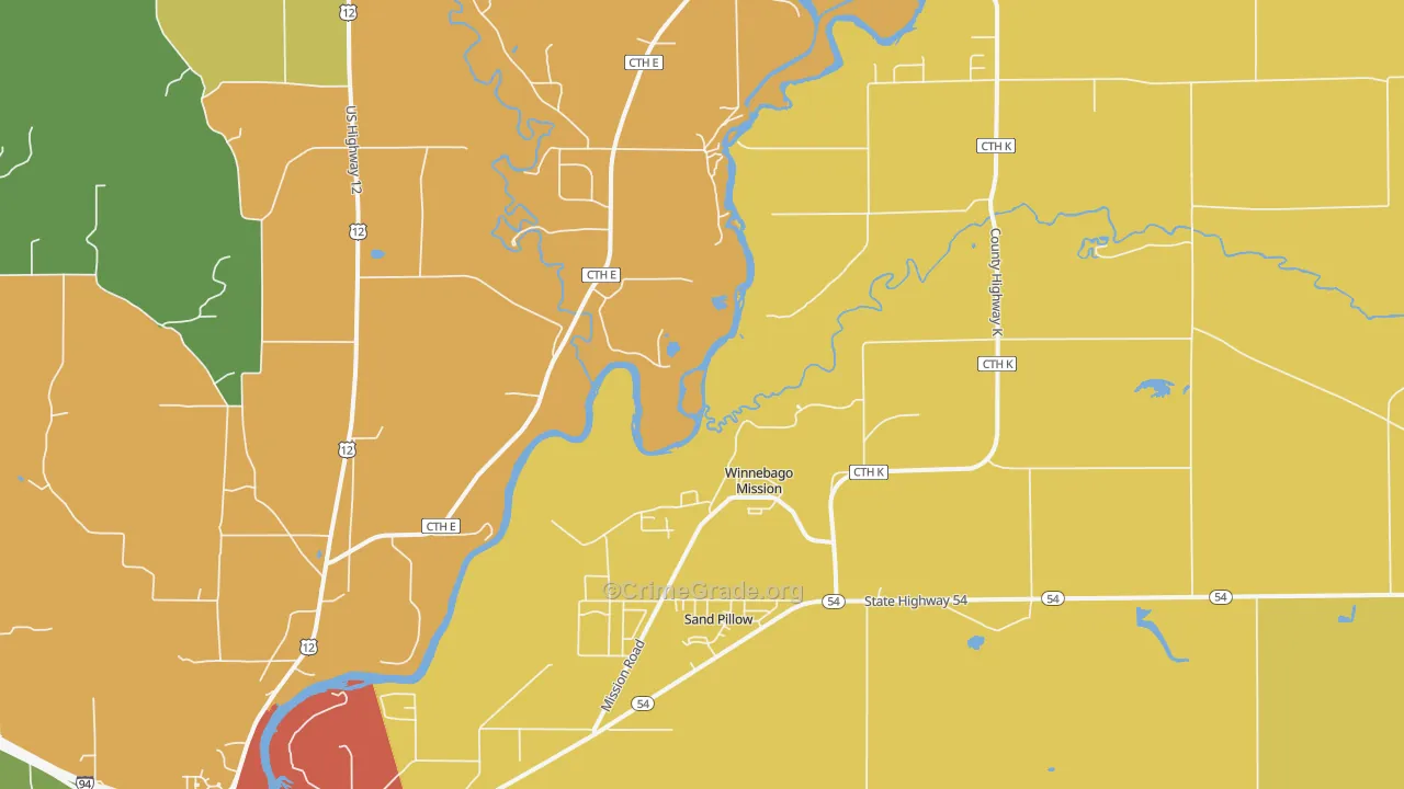 Winnebago Mission, WI Map of Theft Rates