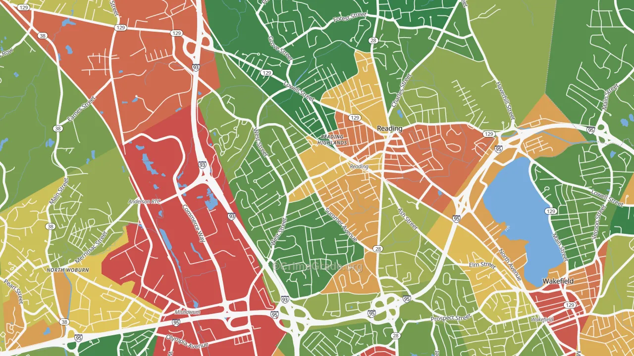 Woburn Street Historic District, Reading, MA Map of Theft Rates