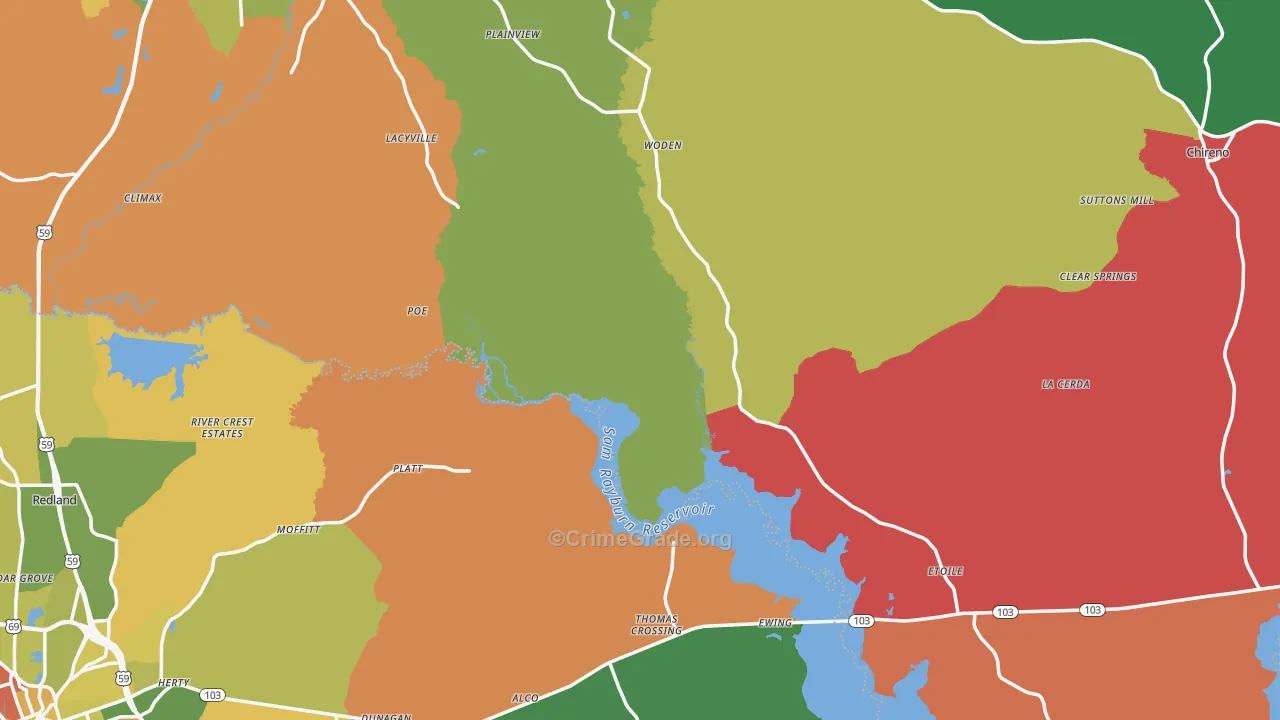 Woden, TX Map of Theft Rates