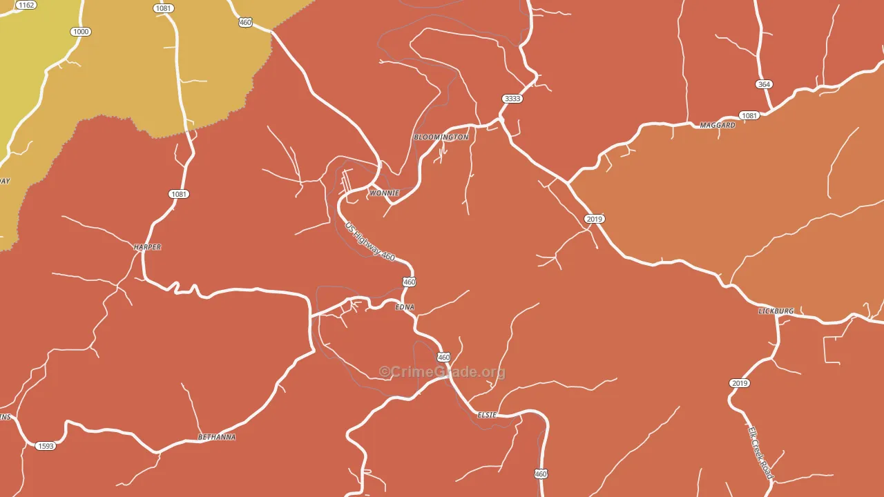 Wonnie, KY Map of Theft Rates