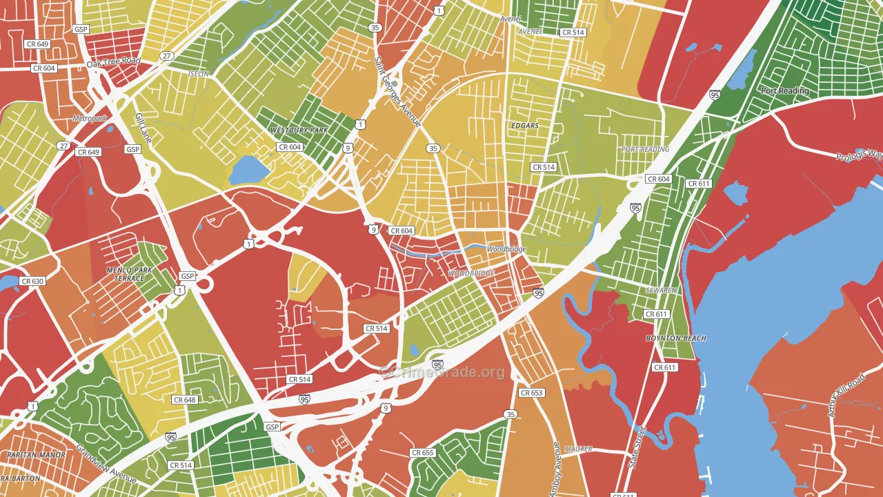 Woodbridge, NJ Map of Theft Rates