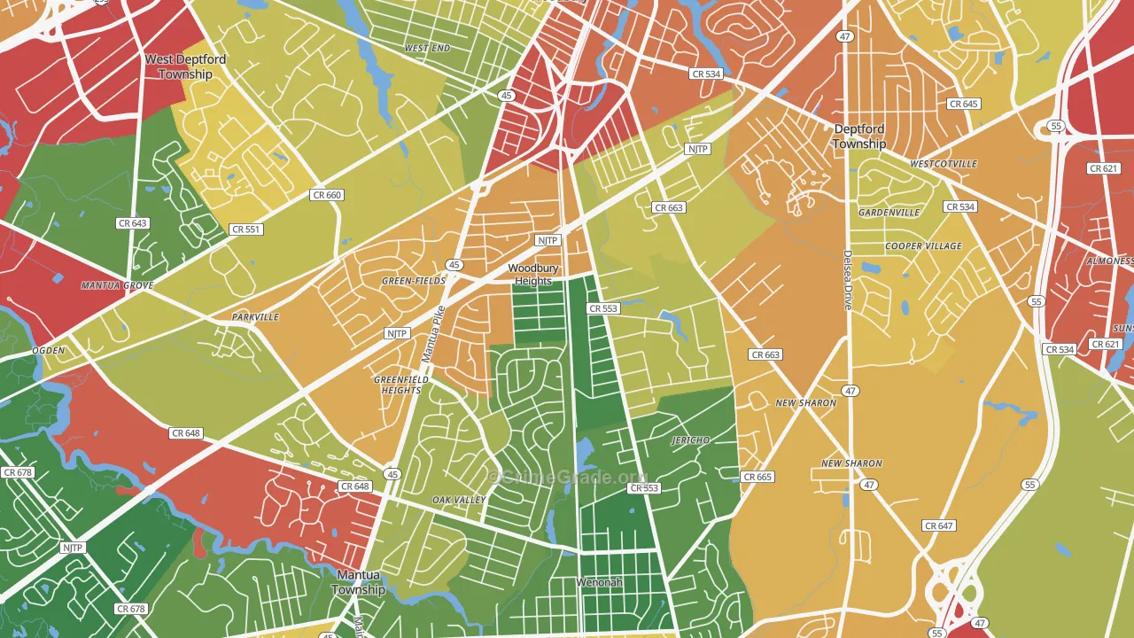 Woodbury Heights, NJ Map of Theft Rates