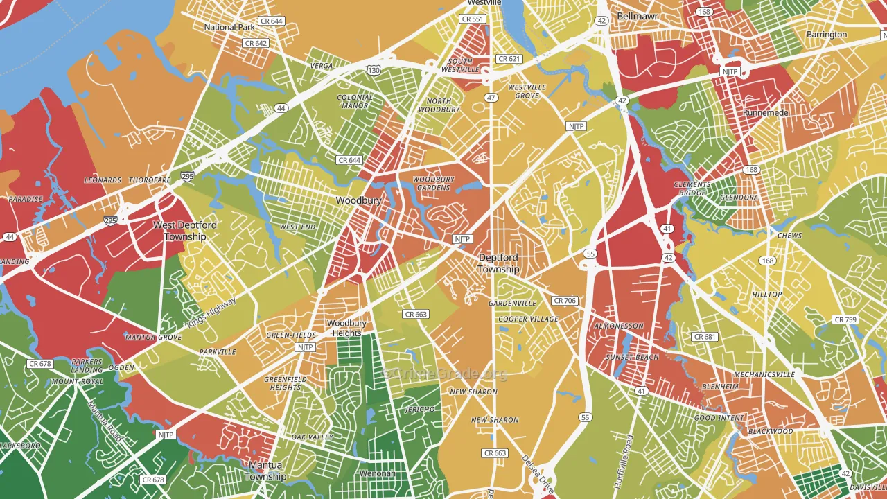 Woodbury, NJ Map of Theft Rates