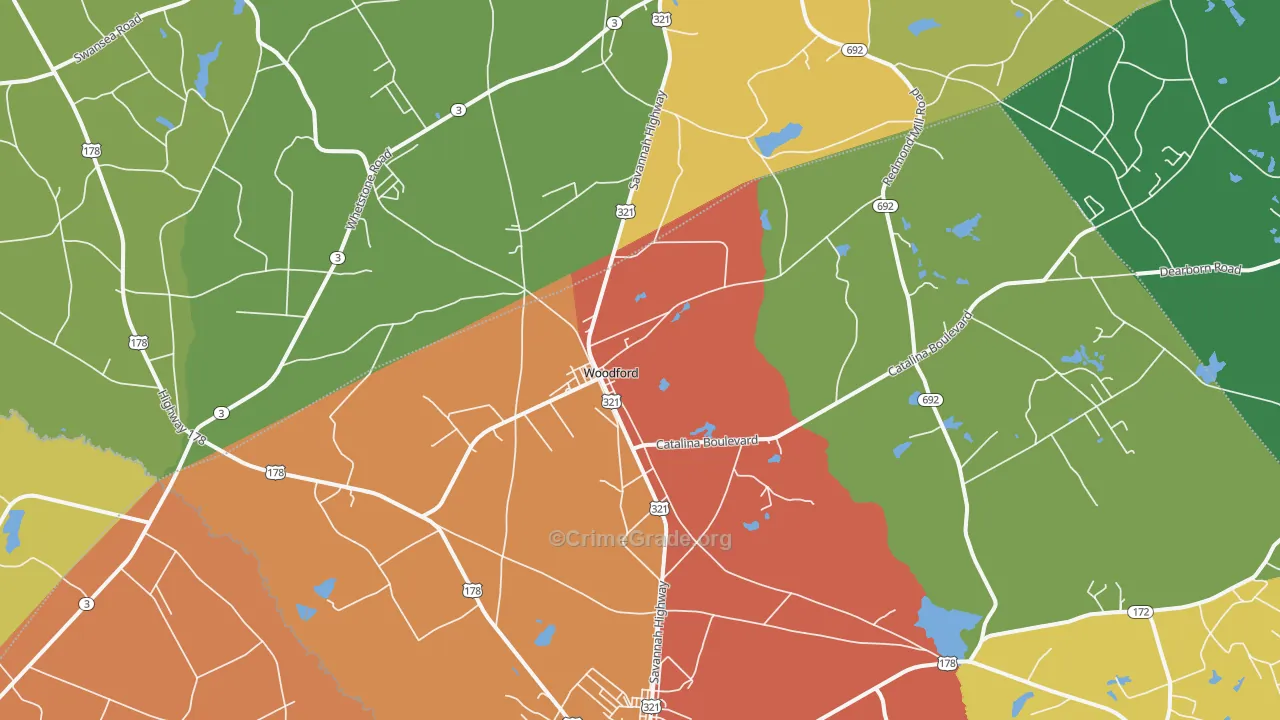 Woodford, SC Map of Theft Rates