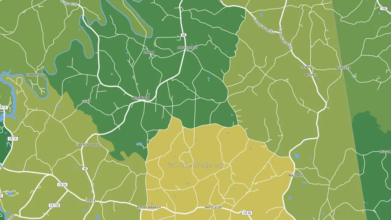 Woodland, AL Map of Theft Rates