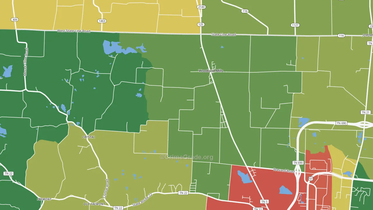 Woodland Mills, TN Map of Theft Rates