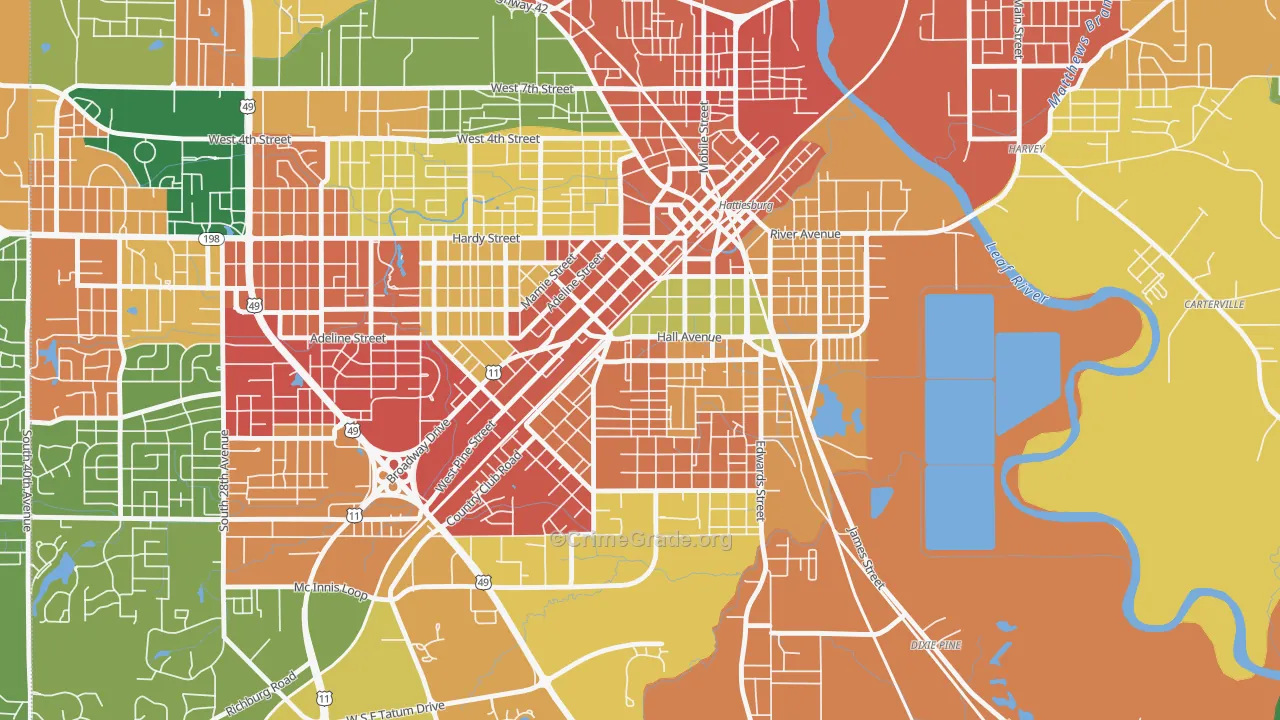 Woodlawn Court, Hattiesburg, MS Map of Theft Rates