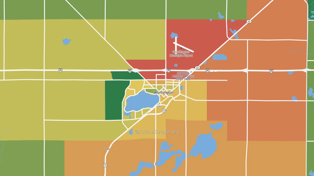 Worthington, MN Map of Theft Rates