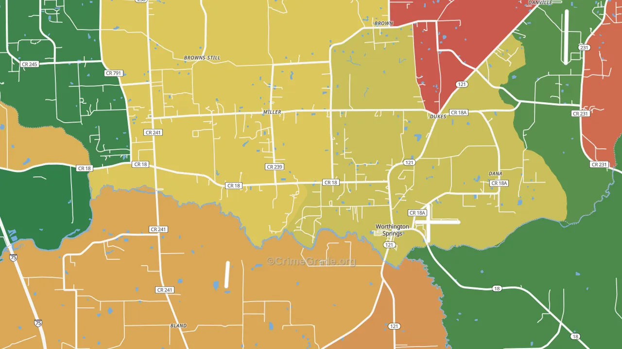 Worthington Springs, FL Map of Theft Rates