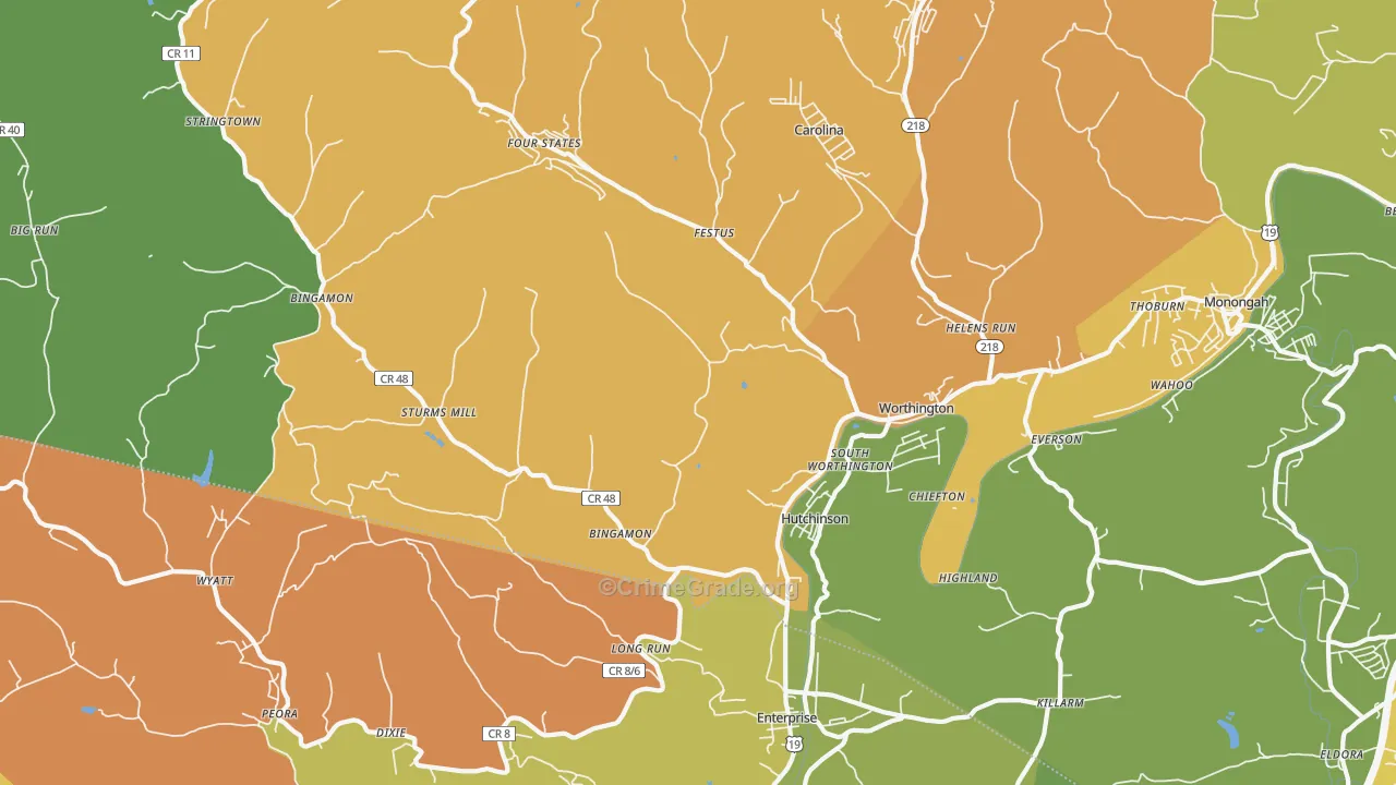 Worthington, WV Map of Theft Rates