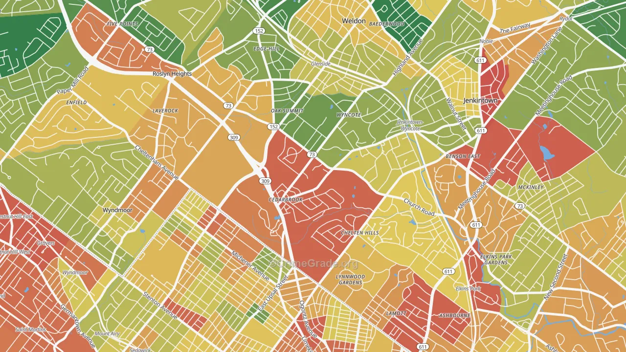 Wyncote, PA Map of Theft Rates