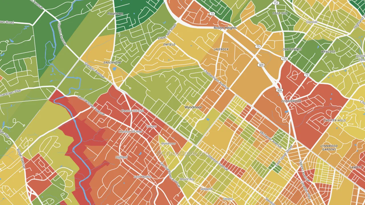 Wyndmoor, Glenside, PA Map of Theft Rates