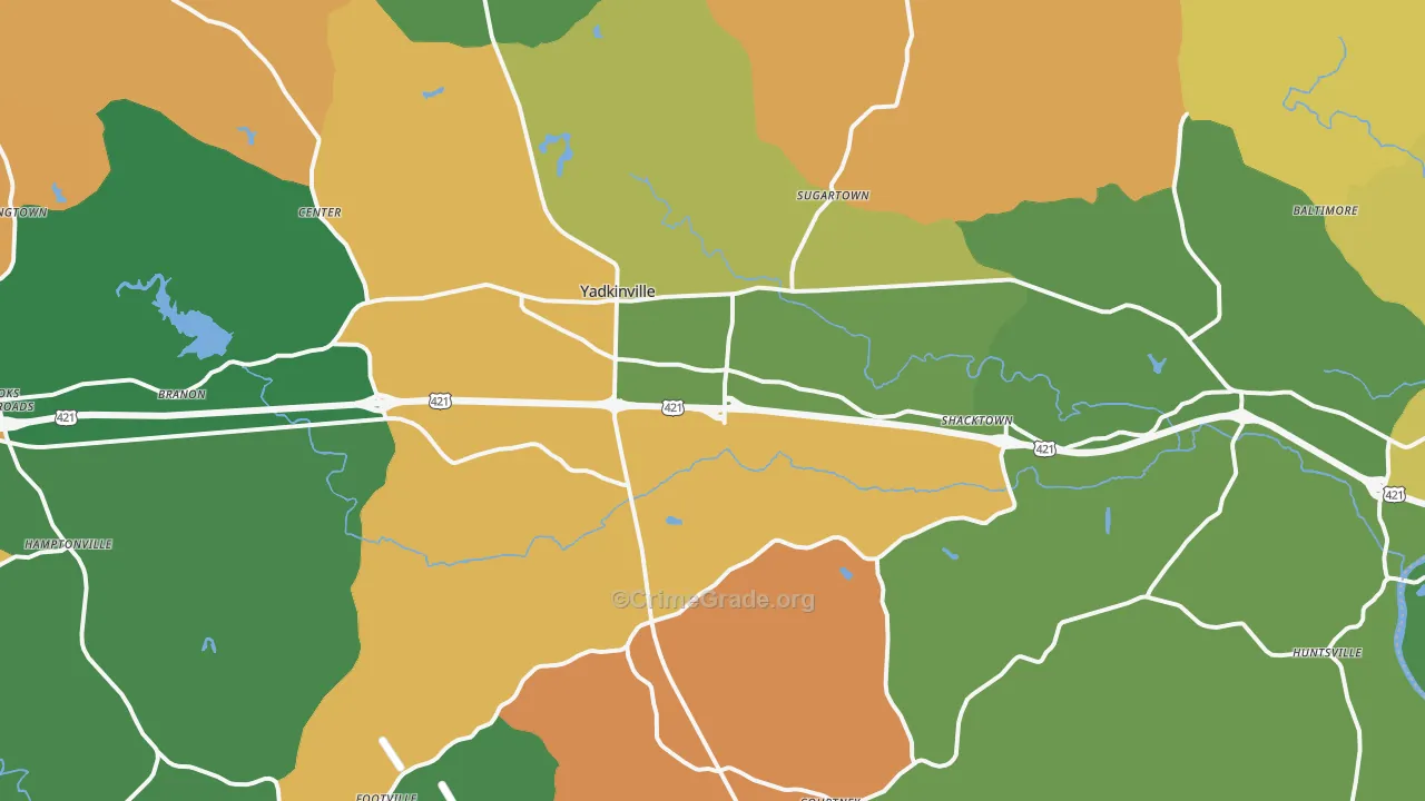 Yadkinville, NC Map of Theft Rates