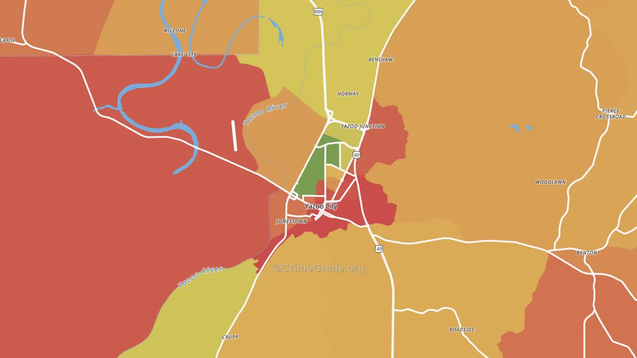 Yazoo City, MS Map of Theft Rates