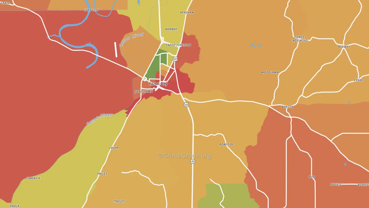 Yazoo County, MS Map of Theft Rates