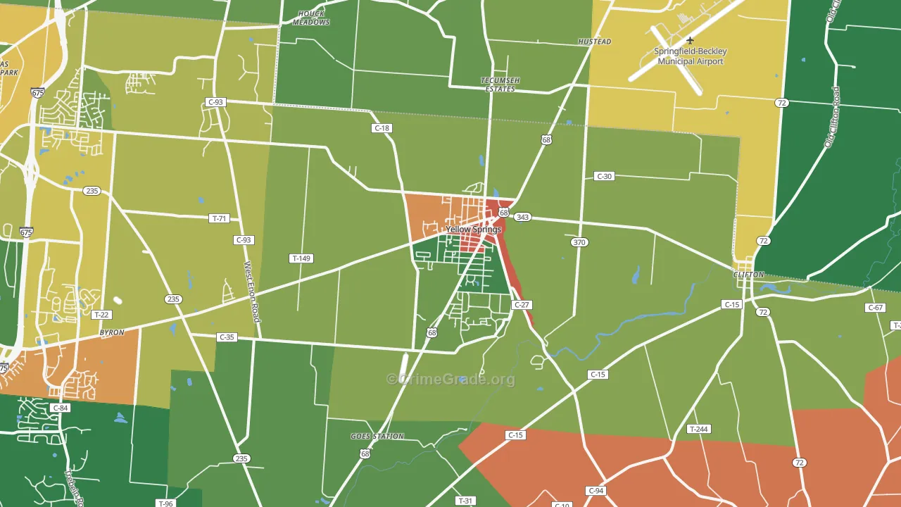 Yellow Springs, OH Map of Theft Rates