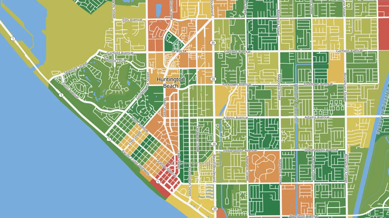 Yorktown, Huntington Beach, CA Map of Theft Rates