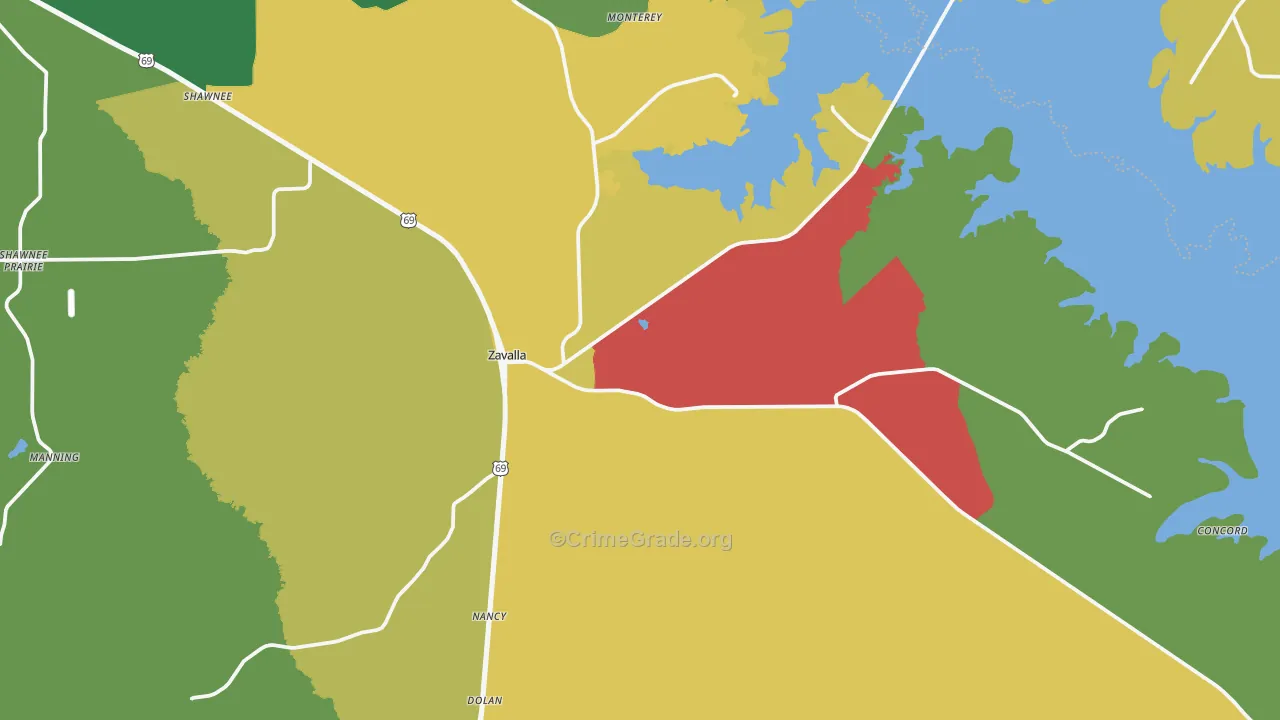 Zavalla, TX Map of Theft Rates