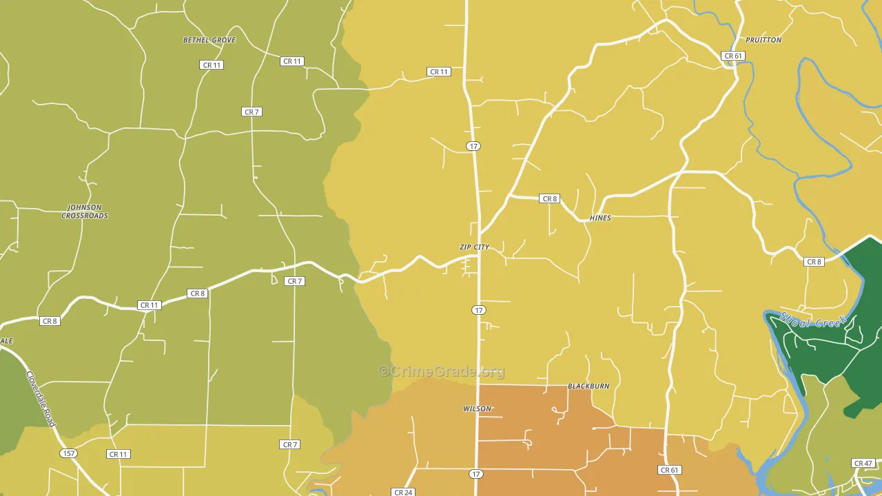 Zip City, AL Map of Theft Rates