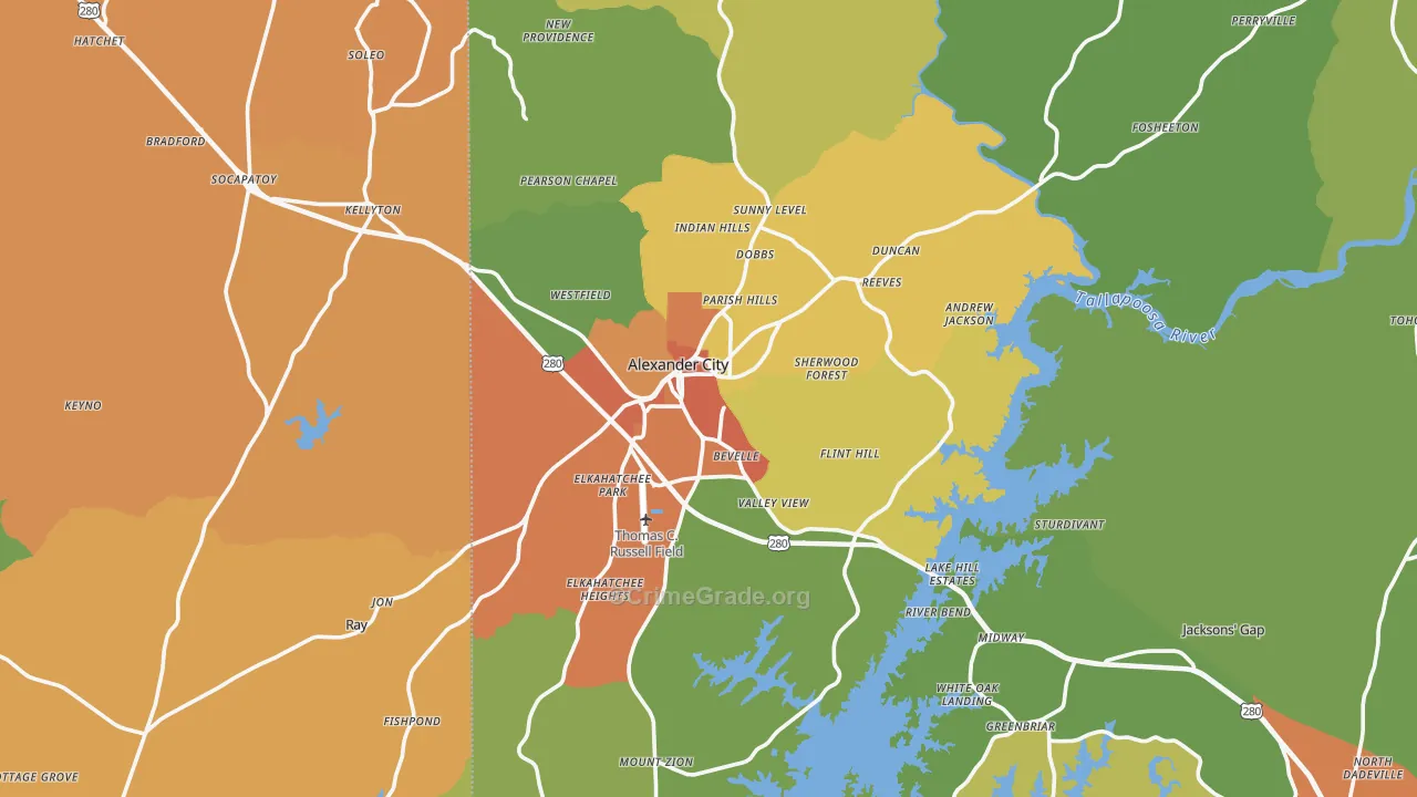 Alexander City, AL Map of Vandalism Rates
