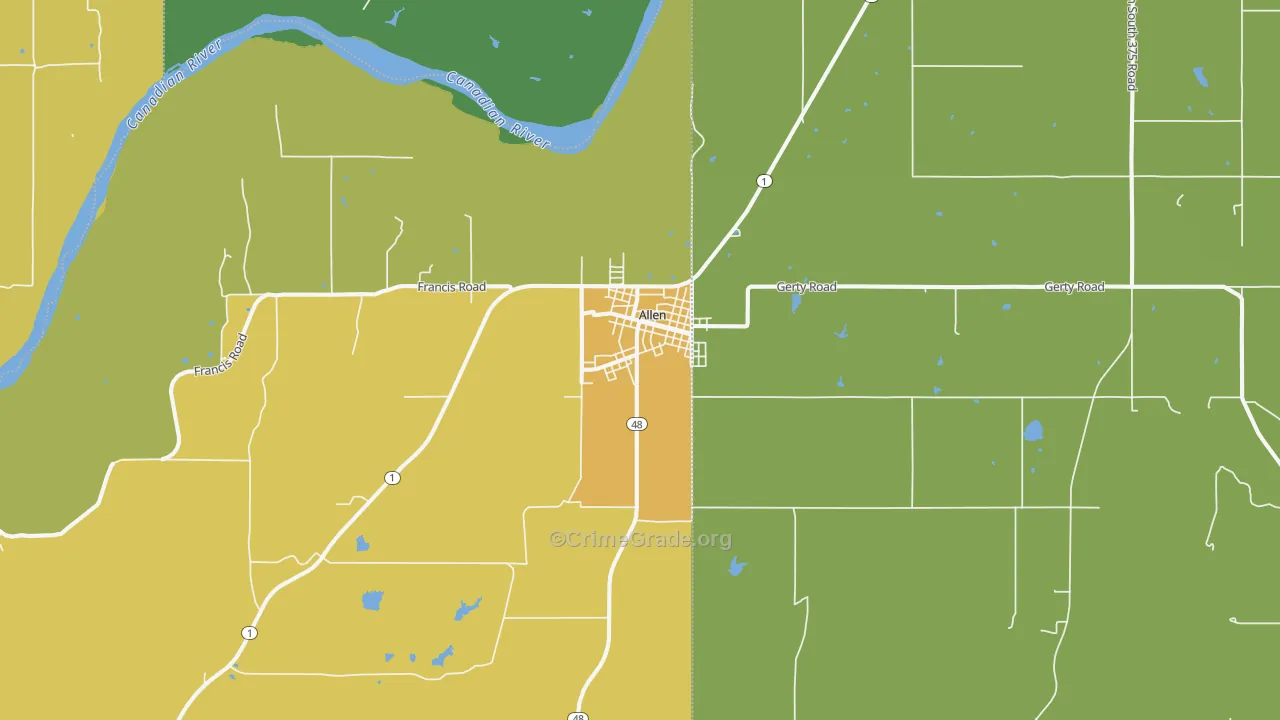 Allen, OK Map of Vandalism Rates