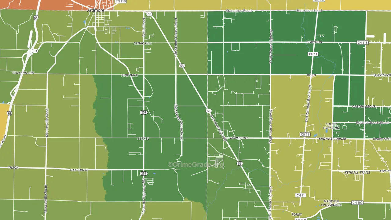 Ardmore, AL Map of Vandalism Rates