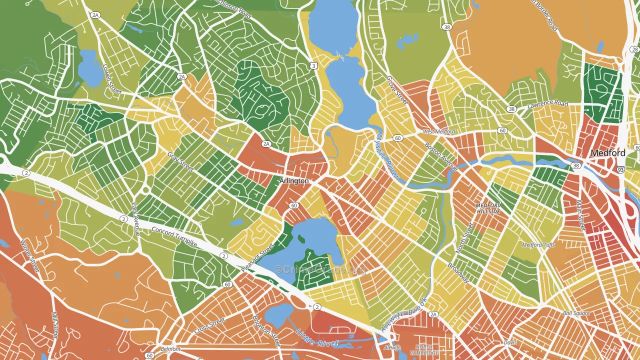 Arlington Center, Arlington, MA Map of Vandalism Rates
