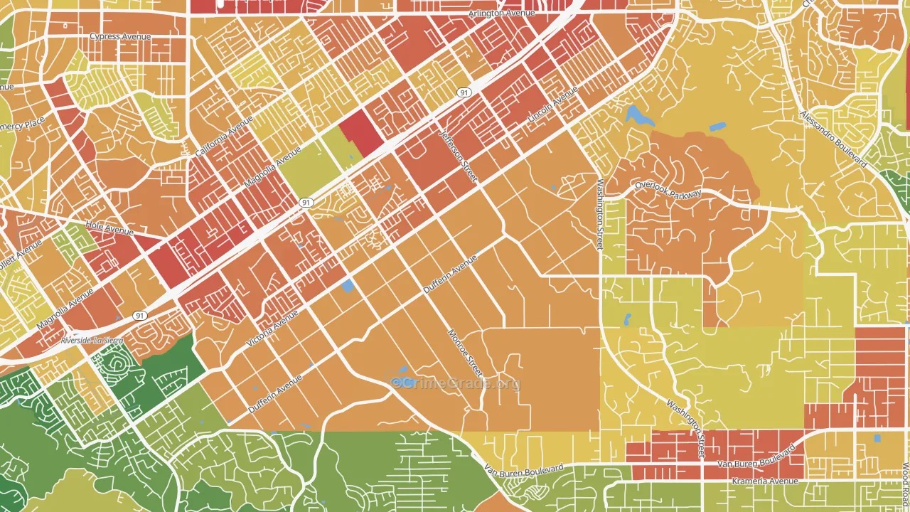 Arlington Heights, Riverside, CA Map of Vandalism Rates