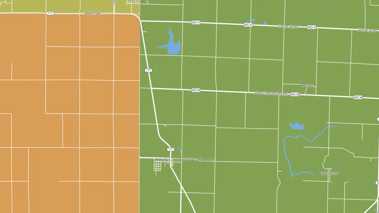 Asbury, MO Map of Vandalism Rates