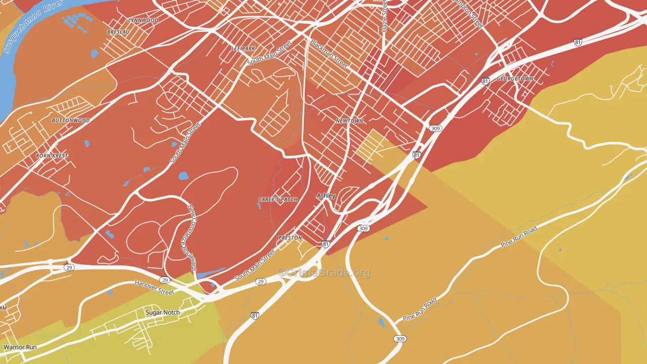 Ashley, PA Map of Vandalism Rates