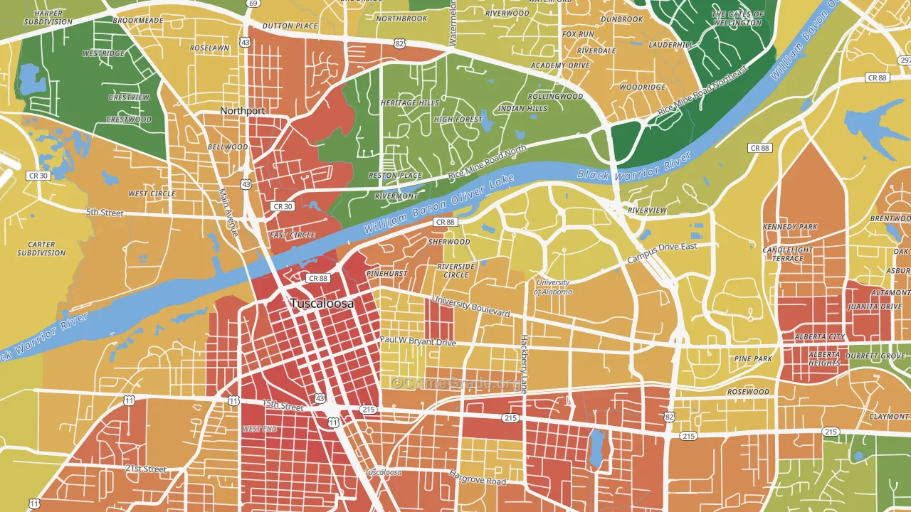 Audubon Place, Tuscaloosa, AL Map of Vandalism Rates