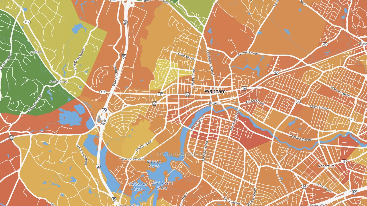 Bank Square, Waltham, MA Map of Vandalism Rates