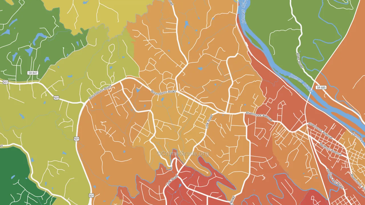 Bedford Hills, Lynchburg, VA Map of Vandalism Rates