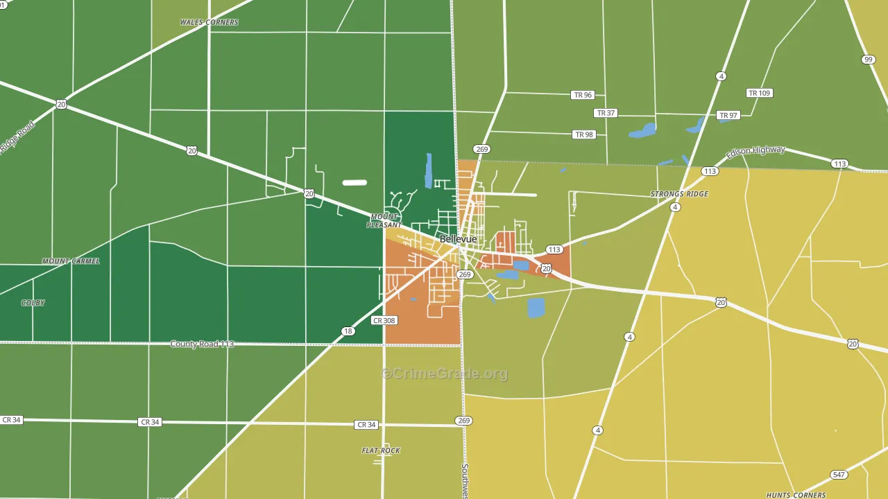 Bellevue, OH Map of Vandalism Rates